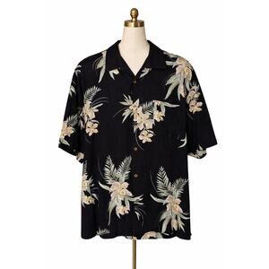Cherokee Hawaiian Shirt Mens Large Black Floral Rayon Button Up Tropical Resort